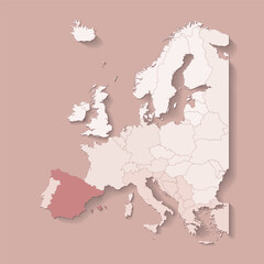 Vector illustration with european land with borders of states and marked country Spain. Political map in brown colors with western, south and etc regions. Beige background