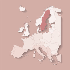 Vector illustration with european land with borders of states and marked country Sweden. Political map in brown colors with western, south and etc regions. Beige background