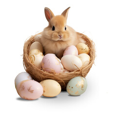 A bunny sits in a basket with Easter eggs, Easter decor, transparent background