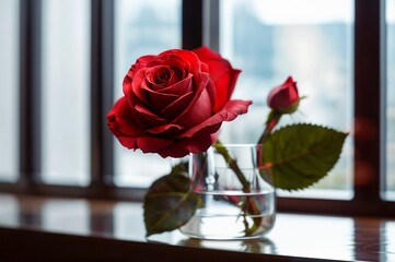 A single red rose with green leaves puts in front of a window.