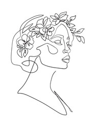 Flower head Feminine Illustration line drawing. Nature Organic Cosmetics Makeup. Line Art - Vector Illustration