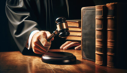A judge holds a gavel in front of a book, symbolizing authority and the act of making a legal decision.