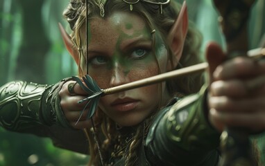 A elf woman is holding a bow and arrow in a dynamic scene from the movie The Hunts. - obrazy, fototapety, plakaty