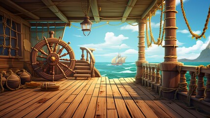 Fototapeta premium for kids pirate ship deck empty background 3D cartoon