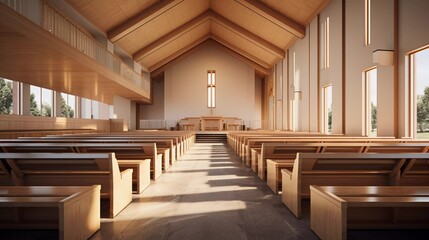 Interior view of a modern church with empty pews. generative ai