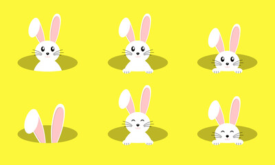 Set of vector Easter bunnies on a yellow background. Easter Bunnies. Easter bunny vector icon, rabbit in hole, cartoon ears on yellow background. Vector EPS 10