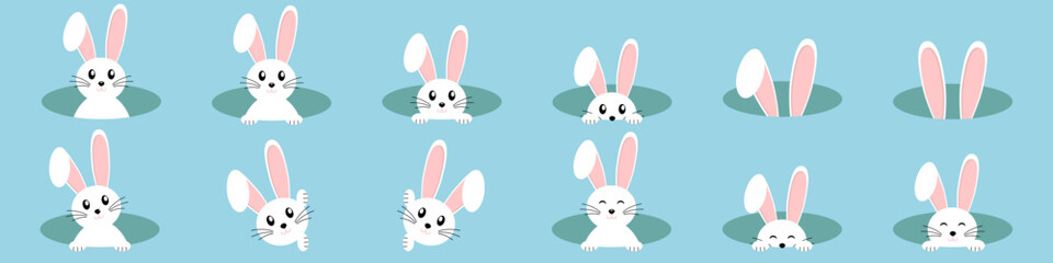 Set of vector Easter bunnies on a blue background. Easter Bunnies. Easter bunny vector icon, rabbit in hole, cartoon ears on blue background. Vector EPS 10
