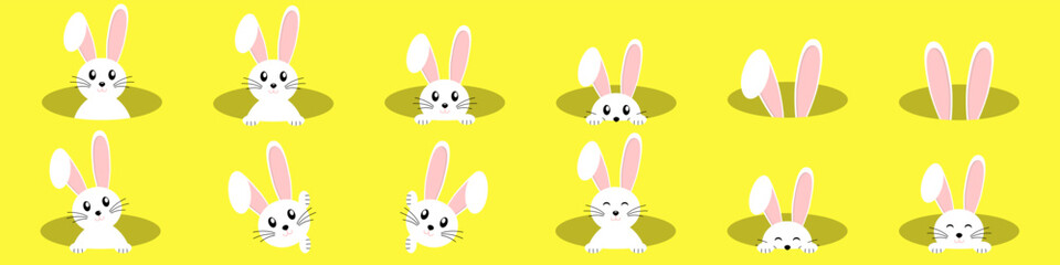 Set of vector Easter bunnies on a yellow background. Easter Bunnies. Easter bunny vector icon, rabbit in hole, cartoon ears on yellow background. Vector EPS 10
