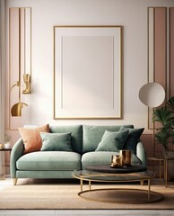 Boho Chic Living Room: Empty Wall Frame Mockup - 3D Rendering
