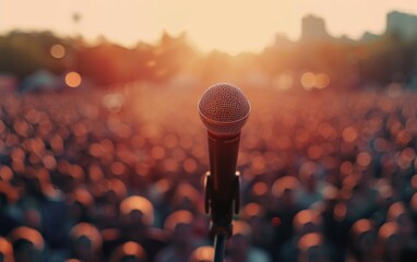 Microphone in focus against a blurred crowd at sunset, capturing the anticipation of a live...