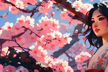 Oriental girl in cherry blossom