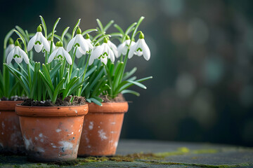 snowdrops in clay flower pots