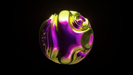 3D animation of abstract art with a surreal metal sphere or ball in the process of deformation transformation