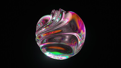 3D animation of abstract art with a surreal glass sphere or ball in the process of deformation transformation with the effect of a prism of the dispersion on an isolated black background