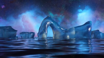 Majestic 3D animation of icy peaks with aurora backdrop, serene and mystical. © flashmovie