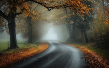 Misty forest road with tire tracks, surrounded by dark trees, evoking a mysterious and eerie atmosphere.