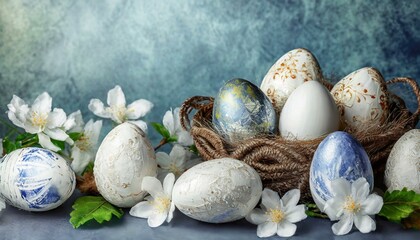 Obraz premium Easter blue background with Easter eggs and flowers