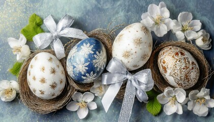 Obraz premium Wielkanocne niebieskie tło z pisankami i kwiatami