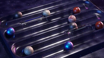 Galactic 3D animation of planets and glass spheres in a cosmic pinball game on a starry purple field.