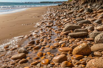 Fototapeta na wymiar A sandy beach covered in rocks with the ocean coming in.