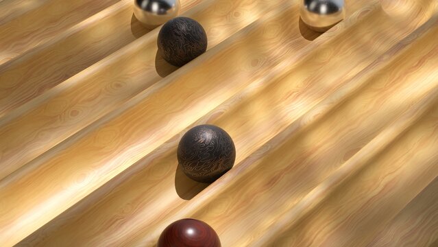 Sunlit 3D animation of marbled and metallic spheres racing down a wooden labyrinth.