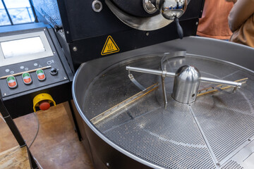 Coffee roaster close up photo, empty cooling drum