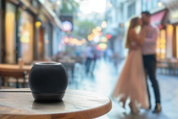 speaker on a caf table with a couple dancing on a blurred street - obrazy, fototapety, plakaty