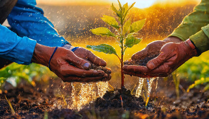 Farmers planting green saplings with their hands. World Environment and Environmental Protection....