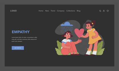 Empathy concept. Comforting scene depicting girl offering heart of support to friend in distress. Essence of compassion visualized. Flat vector illustration