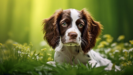 Inquisitive Spaniel puppy sits among vibrant green forest foliage