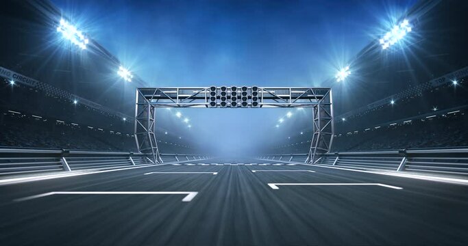 Race track starting line with gate and shining spotlights on sport stadium. Professional 4K video loop for racing sports advertisement.