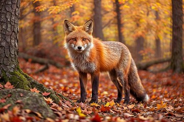 Naklejka na ściany i meble A red fox stands in a forest surrounded by orange and red autumn leaves.