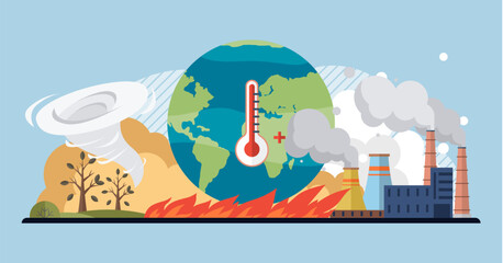 Global warming vector illustration. Global warming, unfolding drama, showcases battle between humanity and ecological equilibrium Climate crisis, turbulent chapter in story environment, unfolds