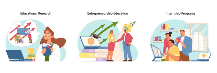 Academic growth set. Various people study. Educational research, entrepreneurship education, and internship programs as essentials for academic and career development. Flat vector illustration