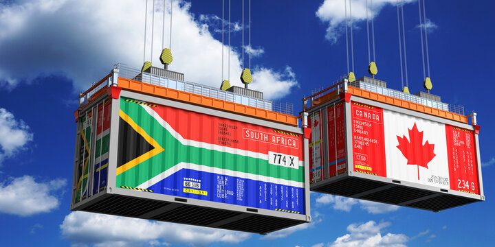 Shipping containers with flags of South Africa and Canada - 3D illustration