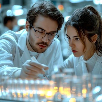 Two Young Scientists or Students, Dressed in White Lab Coats, Carrying out Chemistry Experiments Together.
