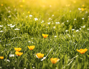 Yellow flowers in the grass. White flower interspersed among the grass. Sunlight in the background. Concepts of nature, environment, spring and peace.