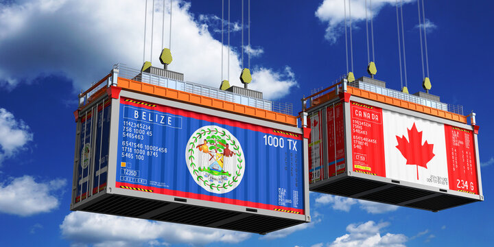 Shipping containers with flags of Belize and Canada - 3D illustration