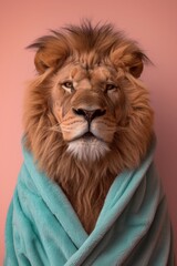 A majestic lion with a full mane poses wrapped in a soft turquoise towel against a pink background
