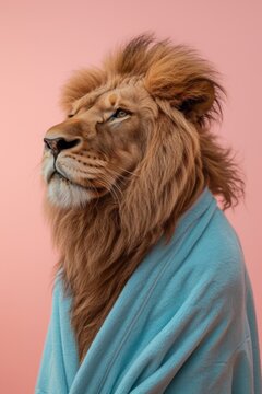 A side profile of a stately lion wrapped in a turquoise towel on a pastel pink background