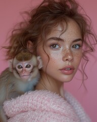 A young woman, with freckles and loose hair, holding a friendly monkey on her shoulder