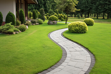 Gray concrete paving stone path in the park. Landscaping in the garden with a path lined with...