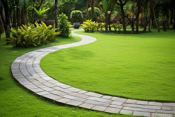 Gray concrete paving stone path in the park. Landscaping in the garden with a path lined with...