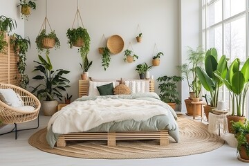 Scandinavian bedroom interior, a bed with pillows and a blanket in a cozy bedroom with a Scandinavian interior. Modern furniture with bedding, potted plants and home decor in the room.