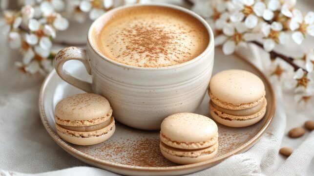 cup of hot cappuccino with macaroon