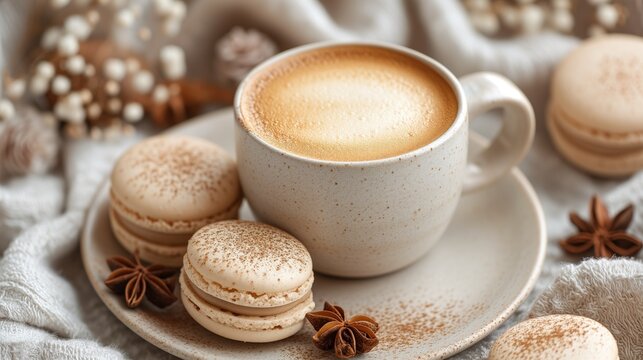 cup of hot cappuccino with macaroon
