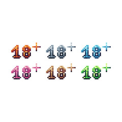 Pixel art sets icons of 18 plus sign variations in color.Age 18+ icon in pixelated style. 8-bit Illustration,for design asset elements, game UIs, and mobile apps icon collection.