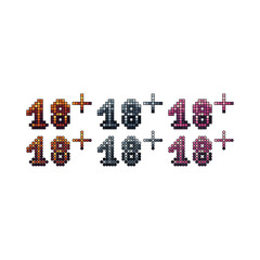 Pixel art stroke sets icons of 18 plus sign variations in color.Age 18+ icon in pixelated style. 8-bit Illustration,for design asset elements, game UIs, and mobile apps icon collection.