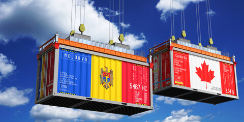 Shipping containers with flags of Moldova and Canada - 3D illustration