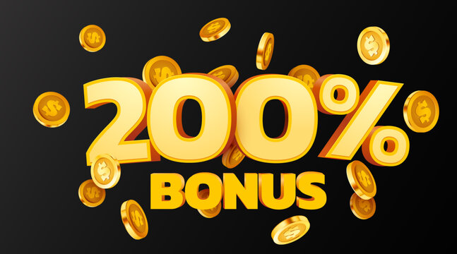 200 percents bonus. Falling golden coins. Cashback or prize concept.